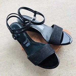 Wothington Black Wedge Sandals with ankle strap